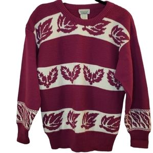 Vtg 90s Fashion Formulas Knit Purple Plum White Sweater Stripe, Leaf Design,  Sm